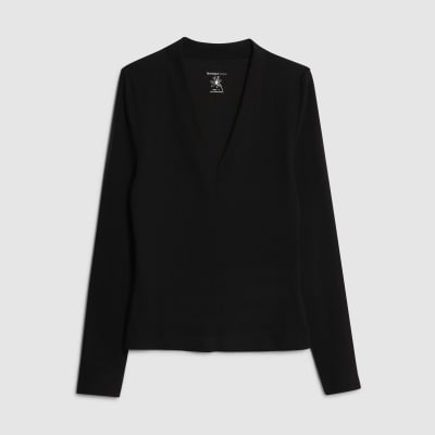Black Fitted Ribbed V Neck Top