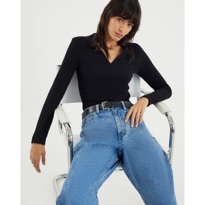 Black Fitted Ribbed V Neck Top