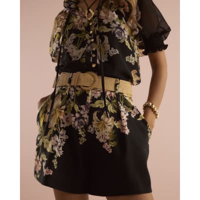 Black Floral Belted Shorts