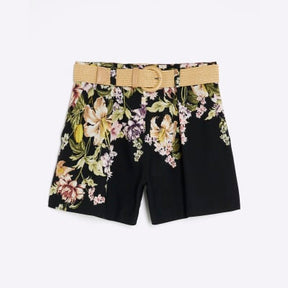 Black Floral Belted Shorts