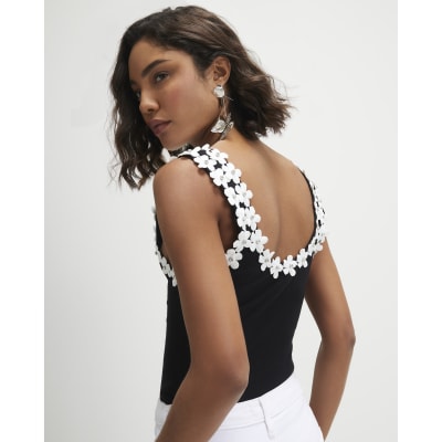 Black Floral Diamante Trim Tank Top