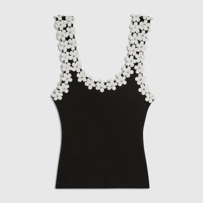 Black Floral Diamante Trim Tank Top