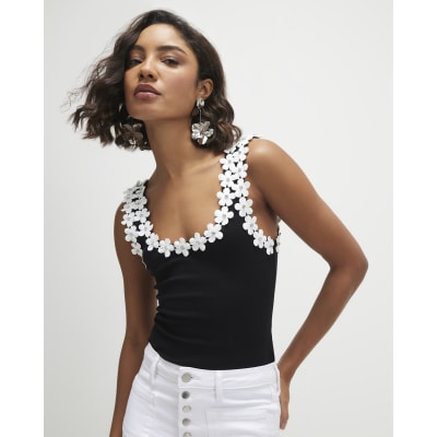 Black Floral Diamante Trim Tank Top
