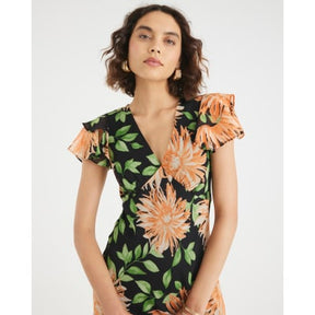 Black Floral Flutter Sleeve Midi Dress