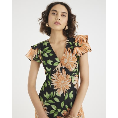 Black Floral Flutter Sleeve Midi Dress