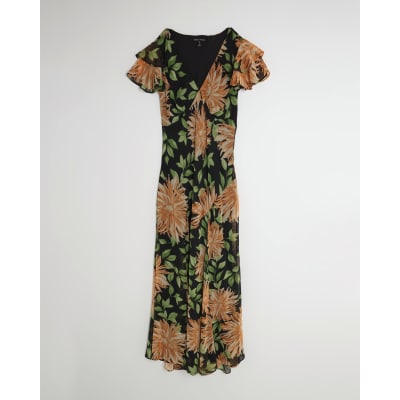 Black Floral Flutter Sleeve Midi Dress