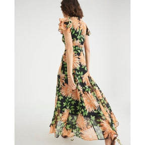 Black Floral Flutter Sleeve Midi Dress