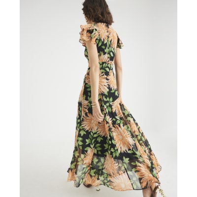 Black Floral Flutter Sleeve Midi Dress