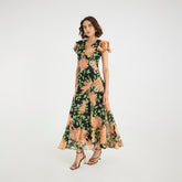 Black Floral Flutter Sleeve Midi Dress