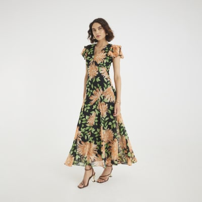 Black Floral Flutter Sleeve Midi Dress