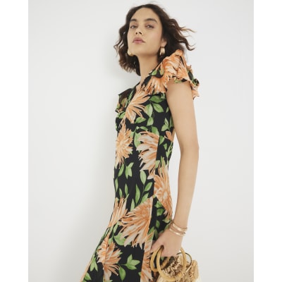 Black Floral Flutter Sleeve Midi Dress
