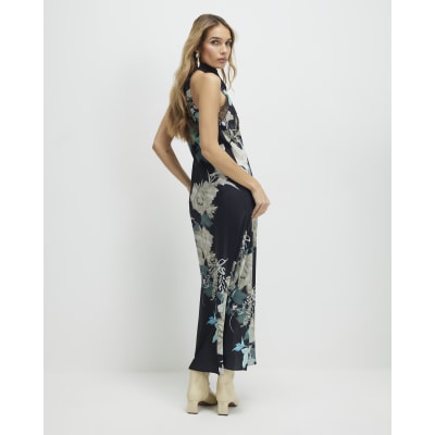 Black Floral Print Lace Trim Slip Dress