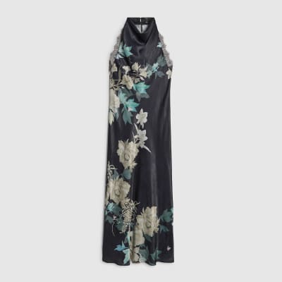 Black Floral Print Lace Trim Slip Dress