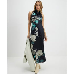 Black Floral Print Lace Trim Slip Dress