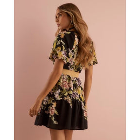 Black Floral Short Sleeve Belted Mini Dress