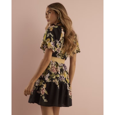 Black Floral Short Sleeve Belted Mini Dress