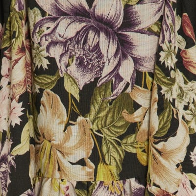 Black Floral Short Sleeve Belted Mini Dress