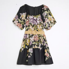 Black Floral Short Sleeve Belted Mini Dress