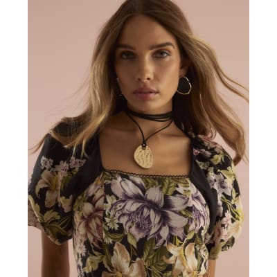 Black Floral Short Sleeve Belted Mini Dress