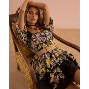Black Floral Short Sleeve Belted Mini Dress