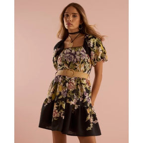 Black Floral Short Sleeve Belted Mini Dress