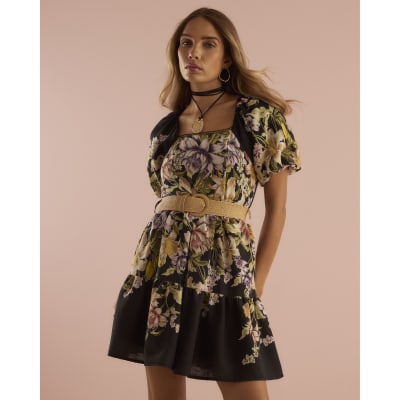 Black Floral Short Sleeve Belted Mini Dress