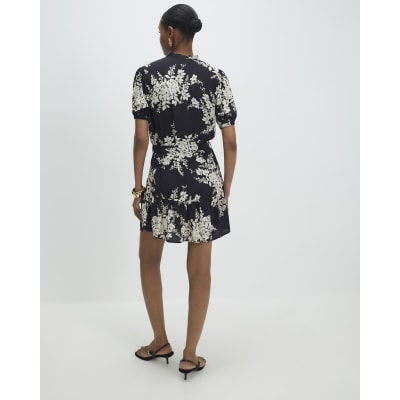 Black Floral Short Sleeve Belted Mini Dress