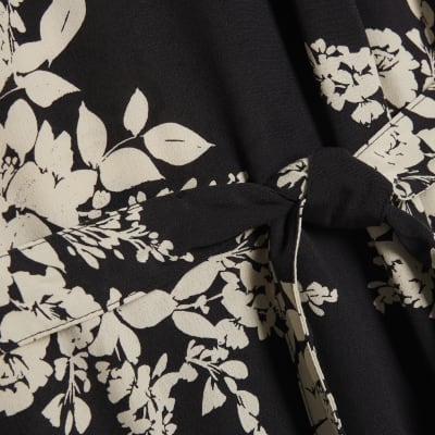 Black Floral Short Sleeve Belted Mini Dress