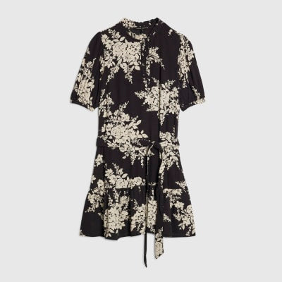 Black Floral Short Sleeve Belted Mini Dress