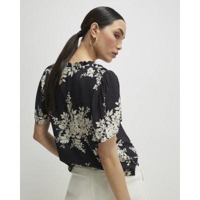 Black Floral Short Sleeve Top