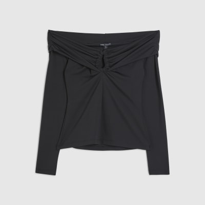 Black Fold Over Long Sleeve Bardot Top