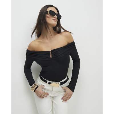Black Fold Over Long Sleeve Bardot Top