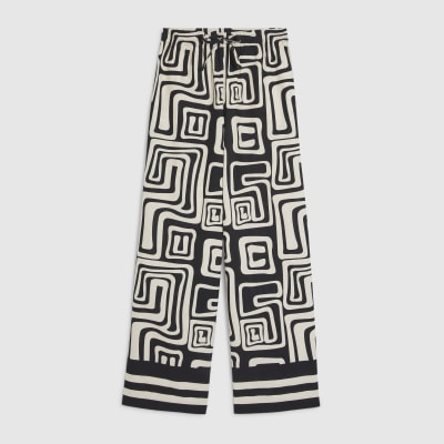 Black Geometric Linen Blend Wide Leg Trousers