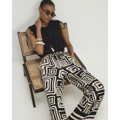 Black Geometric Linen Blend Wide Leg Trousers