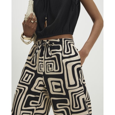 Black Geometric Linen Blend Wide Leg Trousers