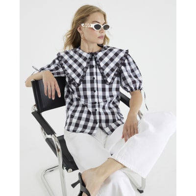 Black Gingham Short Sleeve Collared Shirt