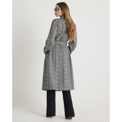 Black Herringbone Notch Collar Wrap Coat