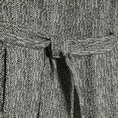 Black Herringbone Notch Collar Wrap Coat