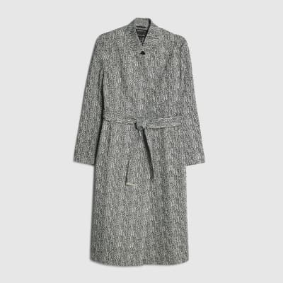 Black Herringbone Notch Collar Wrap Coat