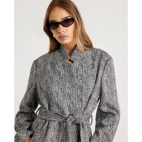 Black Herringbone Notch Collar Wrap Coat