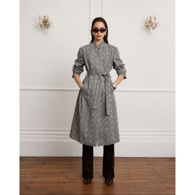 Black Herringbone Notch Collar Wrap Coat