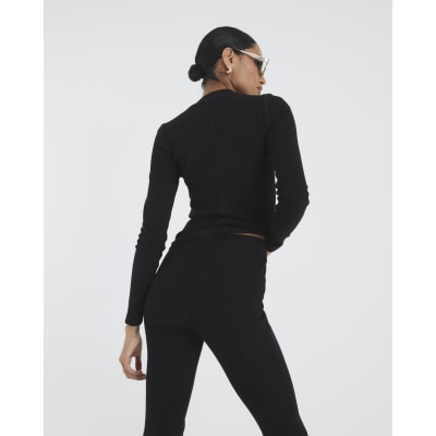 Black High Waisted Ribbed Flare Leggings