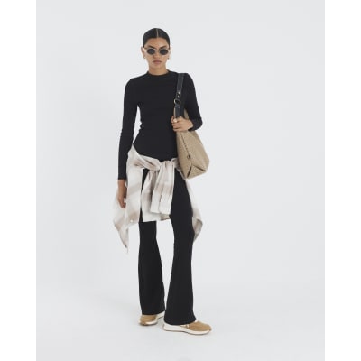 Black High Waisted Ribbed Flare Leggings