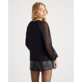 Black Jersey Back Pleated Long Sleeve Top