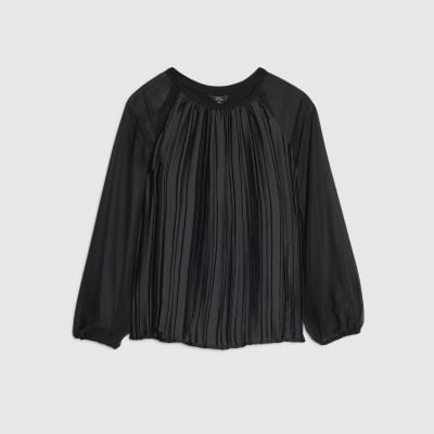 Black Jersey Back Pleated Long Sleeve Top