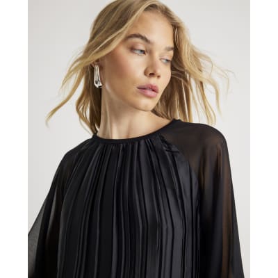 Black Jersey Back Pleated Long Sleeve Top