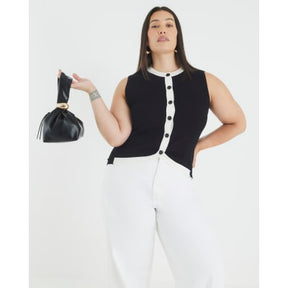 Black Knit Curved Hem Ribbed Top