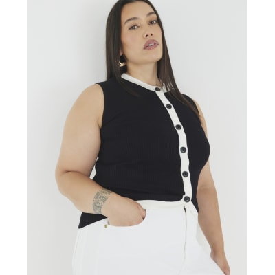 Black Knit Curved Hem Ribbed Top