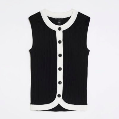 Black Knit Curved Hem Ribbed Top