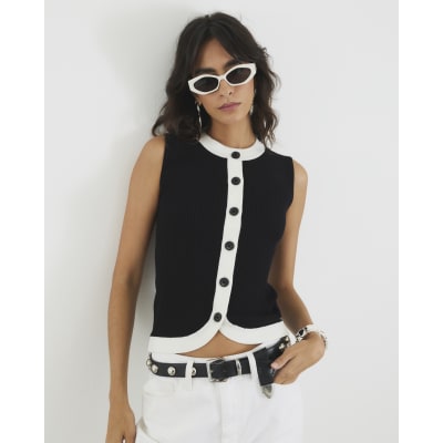 Black Knit Curved Hem Ribbed Top